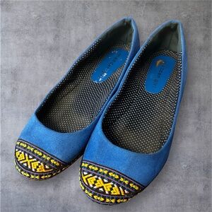 Madden Girl Blue Flats with Yellow Embroidery